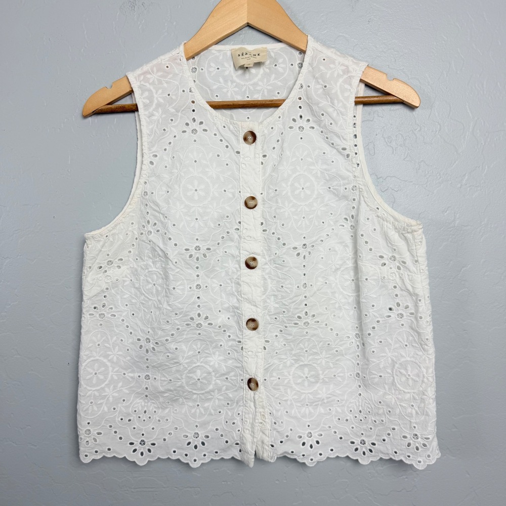 Sezane White Eyelet Embroidered Button Sleeveless Top Scalloped Hem FR 44 US 12